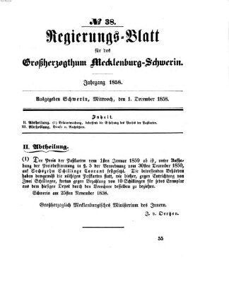 Regierungsblatt für Mecklenburg-Schwerin (Großherzoglich-Mecklenburg-Schwerinsches officielles Wochenblatt) Mittwoch 1. Dezember 1858