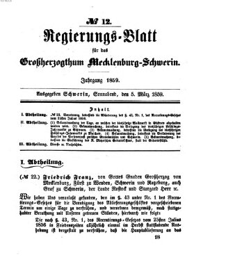 Regierungsblatt für Mecklenburg-Schwerin (Großherzoglich-Mecklenburg-Schwerinsches officielles Wochenblatt) Samstag 5. März 1859