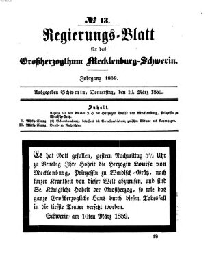 Regierungsblatt für Mecklenburg-Schwerin (Großherzoglich-Mecklenburg-Schwerinsches officielles Wochenblatt) Donnerstag 10. März 1859