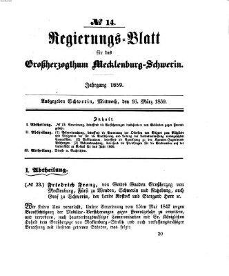 Regierungsblatt für Mecklenburg-Schwerin (Großherzoglich-Mecklenburg-Schwerinsches officielles Wochenblatt) Mittwoch 16. März 1859