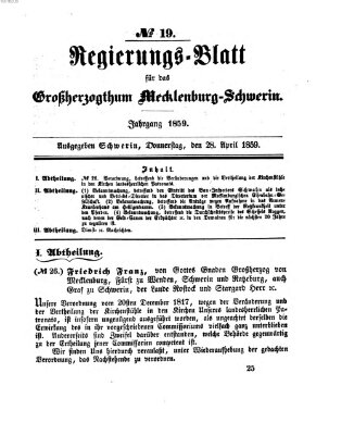 Regierungsblatt für Mecklenburg-Schwerin (Großherzoglich-Mecklenburg-Schwerinsches officielles Wochenblatt) Donnerstag 28. April 1859