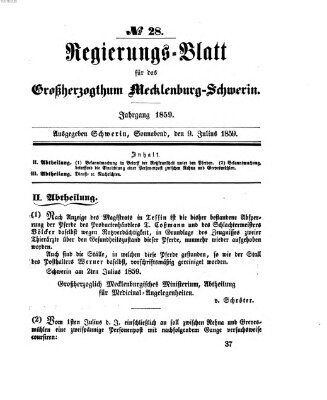 Regierungsblatt für Mecklenburg-Schwerin (Großherzoglich-Mecklenburg-Schwerinsches officielles Wochenblatt) Samstag 9. Juli 1859