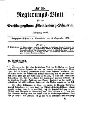 Regierungsblatt für Mecklenburg-Schwerin (Großherzoglich-Mecklenburg-Schwerinsches officielles Wochenblatt) Samstag 10. September 1859