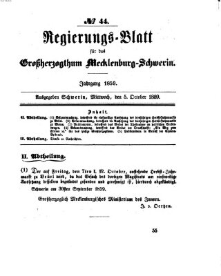 Regierungsblatt für Mecklenburg-Schwerin (Großherzoglich-Mecklenburg-Schwerinsches officielles Wochenblatt) Mittwoch 5. Oktober 1859