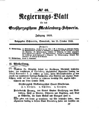 Regierungsblatt für Mecklenburg-Schwerin (Großherzoglich-Mecklenburg-Schwerinsches officielles Wochenblatt) Samstag 15. Oktober 1859