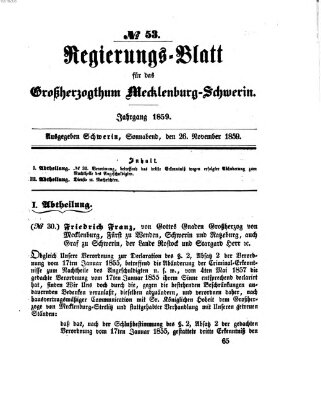 Regierungsblatt für Mecklenburg-Schwerin (Großherzoglich-Mecklenburg-Schwerinsches officielles Wochenblatt) Samstag 26. November 1859