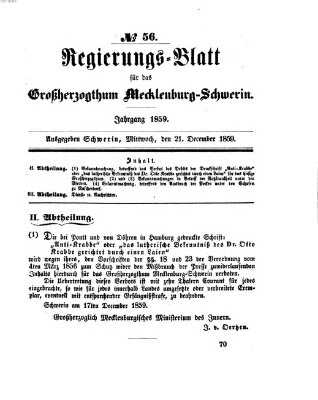 Regierungsblatt für Mecklenburg-Schwerin (Großherzoglich-Mecklenburg-Schwerinsches officielles Wochenblatt) Mittwoch 21. Dezember 1859