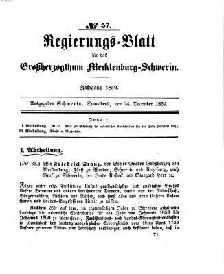 Regierungsblatt für Mecklenburg-Schwerin (Großherzoglich-Mecklenburg-Schwerinsches officielles Wochenblatt) Samstag 24. Dezember 1859