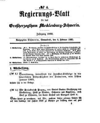 Regierungsblatt für Mecklenburg-Schwerin (Großherzoglich-Mecklenburg-Schwerinsches officielles Wochenblatt) Samstag 4. Februar 1860