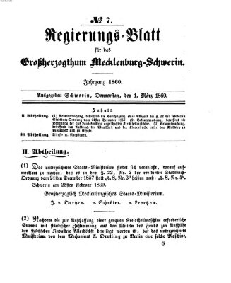 Regierungsblatt für Mecklenburg-Schwerin (Großherzoglich-Mecklenburg-Schwerinsches officielles Wochenblatt) Donnerstag 1. März 1860