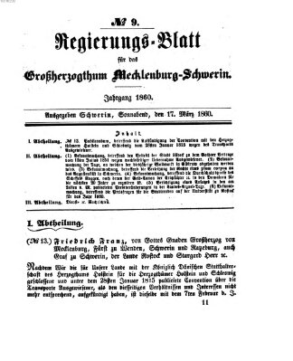 Regierungsblatt für Mecklenburg-Schwerin (Großherzoglich-Mecklenburg-Schwerinsches officielles Wochenblatt) Samstag 17. März 1860