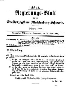 Regierungsblatt für Mecklenburg-Schwerin (Großherzoglich-Mecklenburg-Schwerinsches officielles Wochenblatt) Samstag 21. April 1860