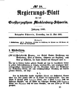 Regierungsblatt für Mecklenburg-Schwerin (Großherzoglich-Mecklenburg-Schwerinsches officielles Wochenblatt) Donnerstag 31. Mai 1860