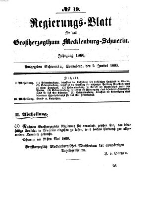 Regierungsblatt für Mecklenburg-Schwerin (Großherzoglich-Mecklenburg-Schwerinsches officielles Wochenblatt) Samstag 2. Juni 1860