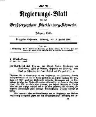 Regierungsblatt für Mecklenburg-Schwerin (Großherzoglich-Mecklenburg-Schwerinsches officielles Wochenblatt) Mittwoch 13. Juni 1860