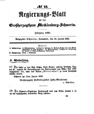 Regierungsblatt für Mecklenburg-Schwerin (Großherzoglich-Mecklenburg-Schwerinsches officielles Wochenblatt) Samstag 23. Juni 1860