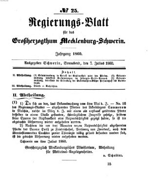 Regierungsblatt für Mecklenburg-Schwerin (Großherzoglich-Mecklenburg-Schwerinsches officielles Wochenblatt) Samstag 7. Juli 1860