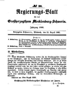 Regierungsblatt für Mecklenburg-Schwerin (Großherzoglich-Mecklenburg-Schwerinsches officielles Wochenblatt) Mittwoch 22. August 1860