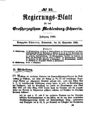 Regierungsblatt für Mecklenburg-Schwerin (Großherzoglich-Mecklenburg-Schwerinsches officielles Wochenblatt) Samstag 22. September 1860