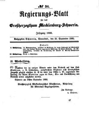 Regierungsblatt für Mecklenburg-Schwerin (Großherzoglich-Mecklenburg-Schwerinsches officielles Wochenblatt) Samstag 29. September 1860