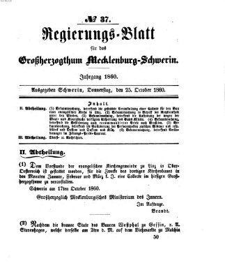 Regierungsblatt für Mecklenburg-Schwerin (Großherzoglich-Mecklenburg-Schwerinsches officielles Wochenblatt) Donnerstag 25. Oktober 1860