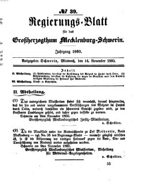 Regierungsblatt für Mecklenburg-Schwerin (Großherzoglich-Mecklenburg-Schwerinsches officielles Wochenblatt) Mittwoch 14. November 1860