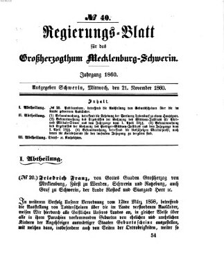 Regierungsblatt für Mecklenburg-Schwerin (Großherzoglich-Mecklenburg-Schwerinsches officielles Wochenblatt) Mittwoch 21. November 1860