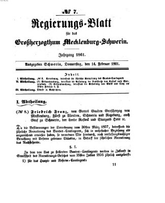 Regierungsblatt für Mecklenburg-Schwerin (Großherzoglich-Mecklenburg-Schwerinsches officielles Wochenblatt) Donnerstag 14. Februar 1861