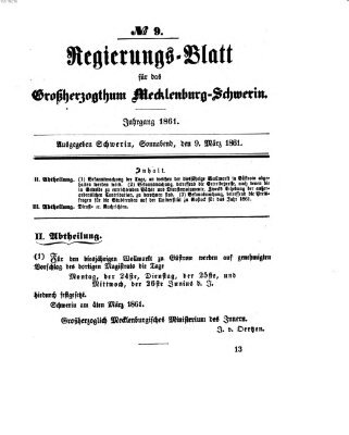 Regierungsblatt für Mecklenburg-Schwerin (Großherzoglich-Mecklenburg-Schwerinsches officielles Wochenblatt) Samstag 9. März 1861