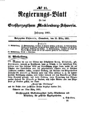 Regierungsblatt für Mecklenburg-Schwerin (Großherzoglich-Mecklenburg-Schwerinsches officielles Wochenblatt) Samstag 23. März 1861