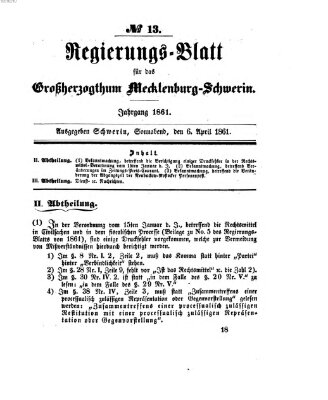 Regierungsblatt für Mecklenburg-Schwerin (Großherzoglich-Mecklenburg-Schwerinsches officielles Wochenblatt) Samstag 6. April 1861