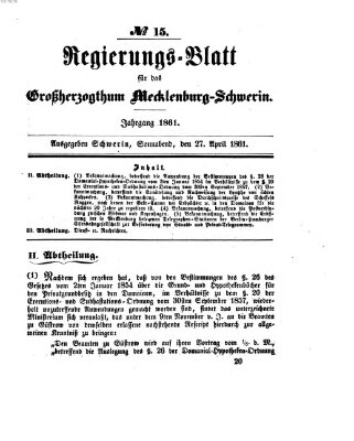 Regierungsblatt für Mecklenburg-Schwerin (Großherzoglich-Mecklenburg-Schwerinsches officielles Wochenblatt) Samstag 27. April 1861