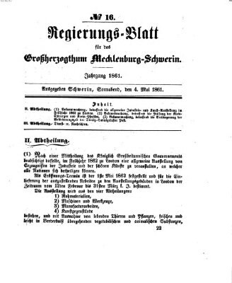 Regierungsblatt für Mecklenburg-Schwerin (Großherzoglich-Mecklenburg-Schwerinsches officielles Wochenblatt) Samstag 4. Mai 1861