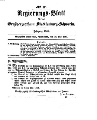 Regierungsblatt für Mecklenburg-Schwerin (Großherzoglich-Mecklenburg-Schwerinsches officielles Wochenblatt) Samstag 18. Mai 1861