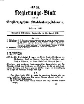 Regierungsblatt für Mecklenburg-Schwerin (Großherzoglich-Mecklenburg-Schwerinsches officielles Wochenblatt) Samstag 22. Juni 1861