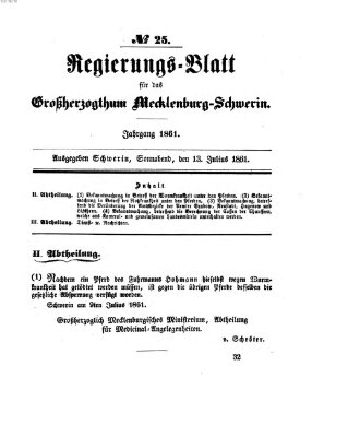 Regierungsblatt für Mecklenburg-Schwerin (Großherzoglich-Mecklenburg-Schwerinsches officielles Wochenblatt) Samstag 13. Juli 1861