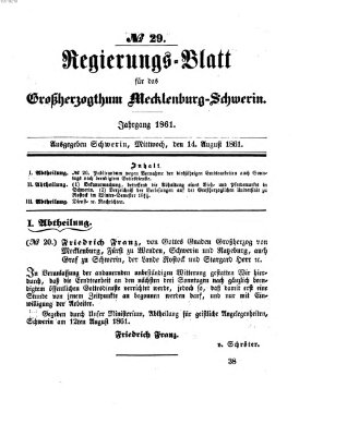 Regierungsblatt für Mecklenburg-Schwerin (Großherzoglich-Mecklenburg-Schwerinsches officielles Wochenblatt) Mittwoch 14. August 1861