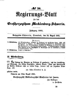 Regierungsblatt für Mecklenburg-Schwerin (Großherzoglich-Mecklenburg-Schwerinsches officielles Wochenblatt) Samstag 24. August 1861