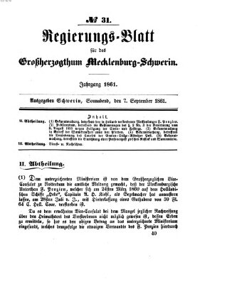 Regierungsblatt für Mecklenburg-Schwerin (Großherzoglich-Mecklenburg-Schwerinsches officielles Wochenblatt) Samstag 7. September 1861