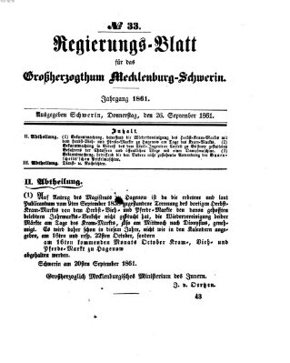 Regierungsblatt für Mecklenburg-Schwerin (Großherzoglich-Mecklenburg-Schwerinsches officielles Wochenblatt) Donnerstag 26. September 1861