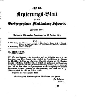 Regierungsblatt für Mecklenburg-Schwerin (Großherzoglich-Mecklenburg-Schwerinsches officielles Wochenblatt) Samstag 19. Oktober 1861