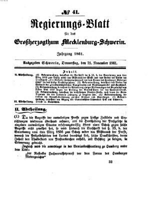 Regierungsblatt für Mecklenburg-Schwerin (Großherzoglich-Mecklenburg-Schwerinsches officielles Wochenblatt) Donnerstag 21. November 1861