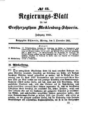 Regierungsblatt für Mecklenburg-Schwerin (Großherzoglich-Mecklenburg-Schwerinsches officielles Wochenblatt) Montag 2. Dezember 1861