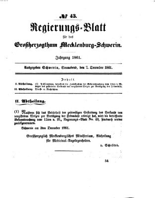 Regierungsblatt für Mecklenburg-Schwerin (Großherzoglich-Mecklenburg-Schwerinsches officielles Wochenblatt) Samstag 7. Dezember 1861