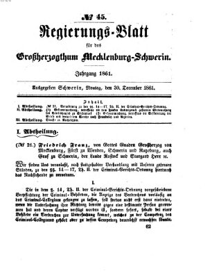 Regierungsblatt für Mecklenburg-Schwerin (Großherzoglich-Mecklenburg-Schwerinsches officielles Wochenblatt) Montag 30. Dezember 1861