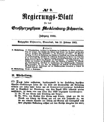 Regierungsblatt für Mecklenburg-Schwerin (Großherzoglich-Mecklenburg-Schwerinsches officielles Wochenblatt) Samstag 15. Februar 1862