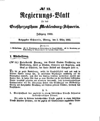 Regierungsblatt für Mecklenburg-Schwerin (Großherzoglich-Mecklenburg-Schwerinsches officielles Wochenblatt) Montag 3. März 1862