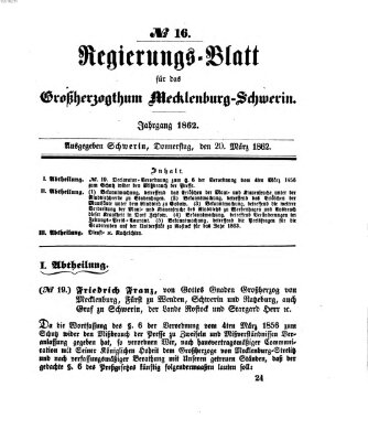 Regierungsblatt für Mecklenburg-Schwerin (Großherzoglich-Mecklenburg-Schwerinsches officielles Wochenblatt) Donnerstag 20. März 1862