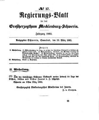 Regierungsblatt für Mecklenburg-Schwerin (Großherzoglich-Mecklenburg-Schwerinsches officielles Wochenblatt) Samstag 29. März 1862