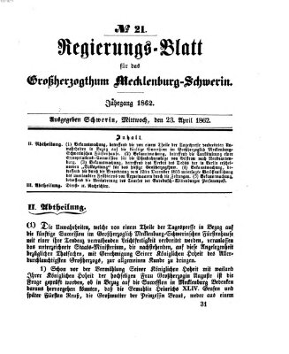 Regierungsblatt für Mecklenburg-Schwerin (Großherzoglich-Mecklenburg-Schwerinsches officielles Wochenblatt) Mittwoch 23. April 1862